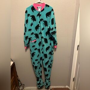 Lazy One Adult Tailgate Flapjack Onesie Full Zip Pajamas Teal Bear Print Sz M